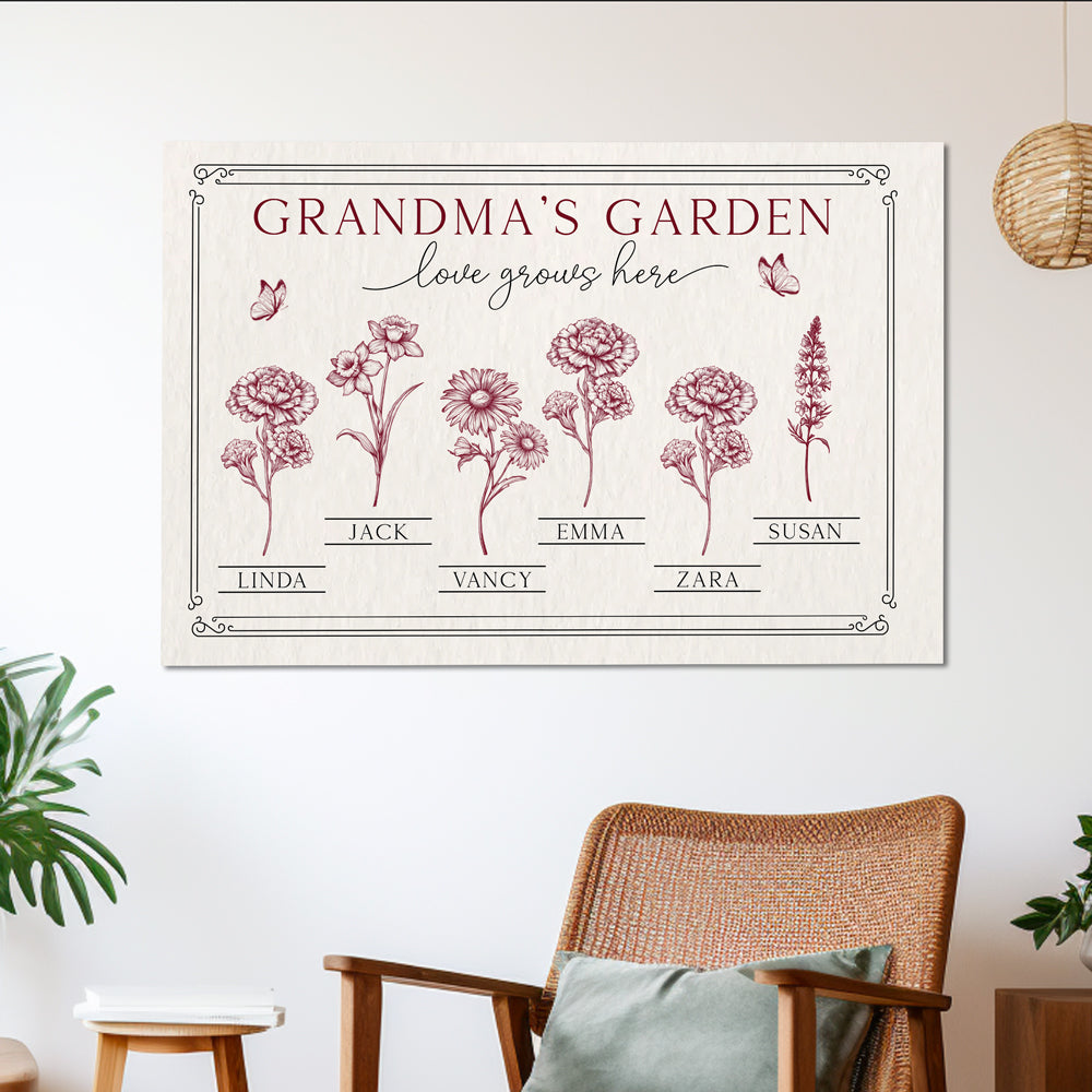 Grandma’s Garden Poster - Personalized Family Poster without Frame with Custom Names, Perfect Gift for Grandma