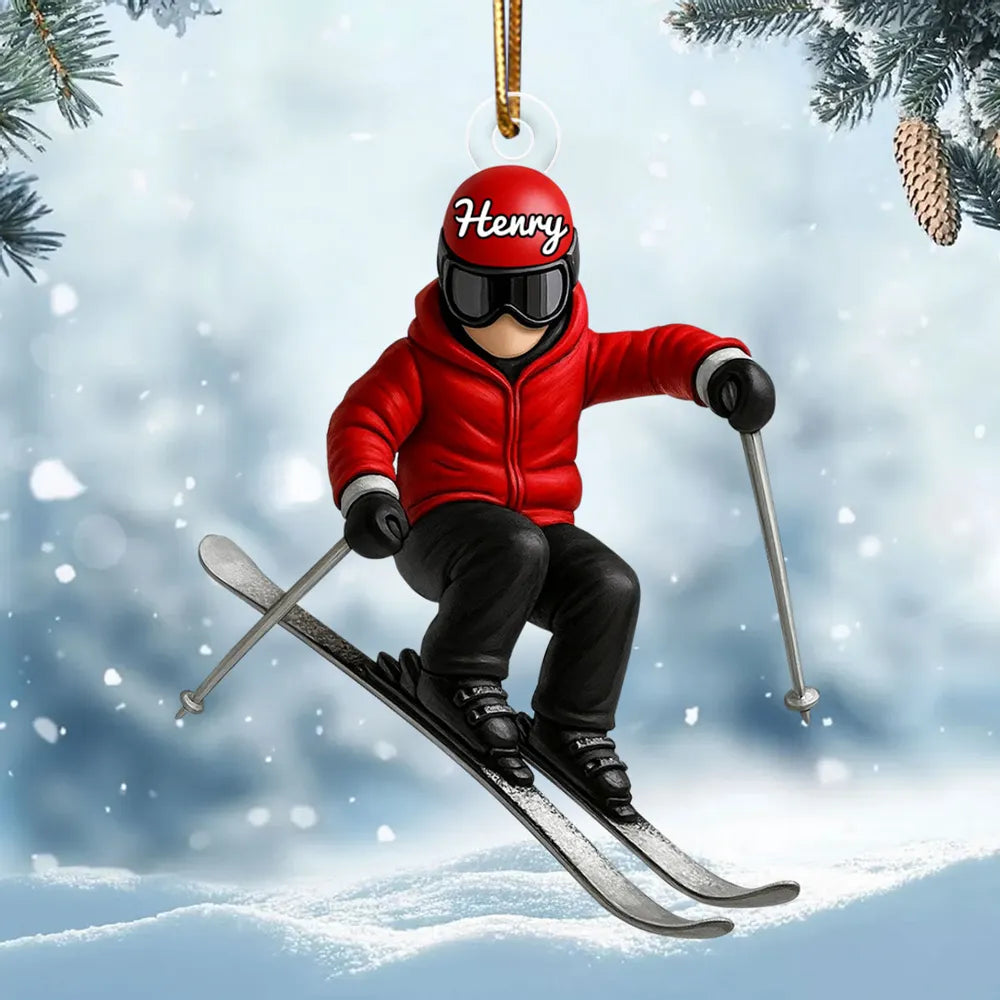 Personalized Skier Acrylic Ornament, Custom Name Winter Skiing Scene, Unique Christmas Tree Gift For Ski Lovers