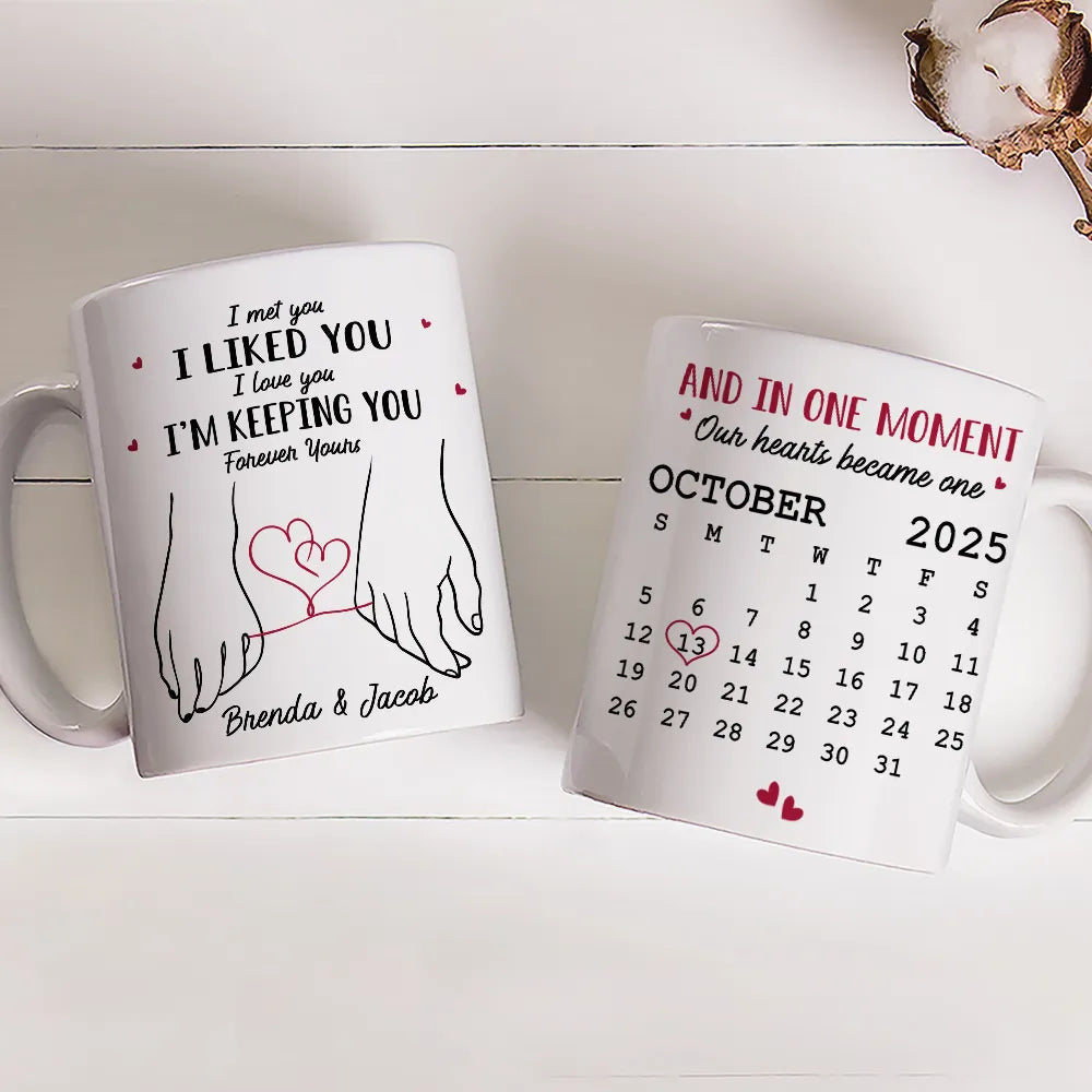 Personalized White Ceramic Mug for Couples with Holding Hands Art, Custom Date, Romantic Keepsake Gift