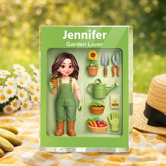 Personalized Rectangle Acrylic Block Plaque Garden Lover Desk Decor, Cute Cartoon Gardener With Tools, Unique Gift