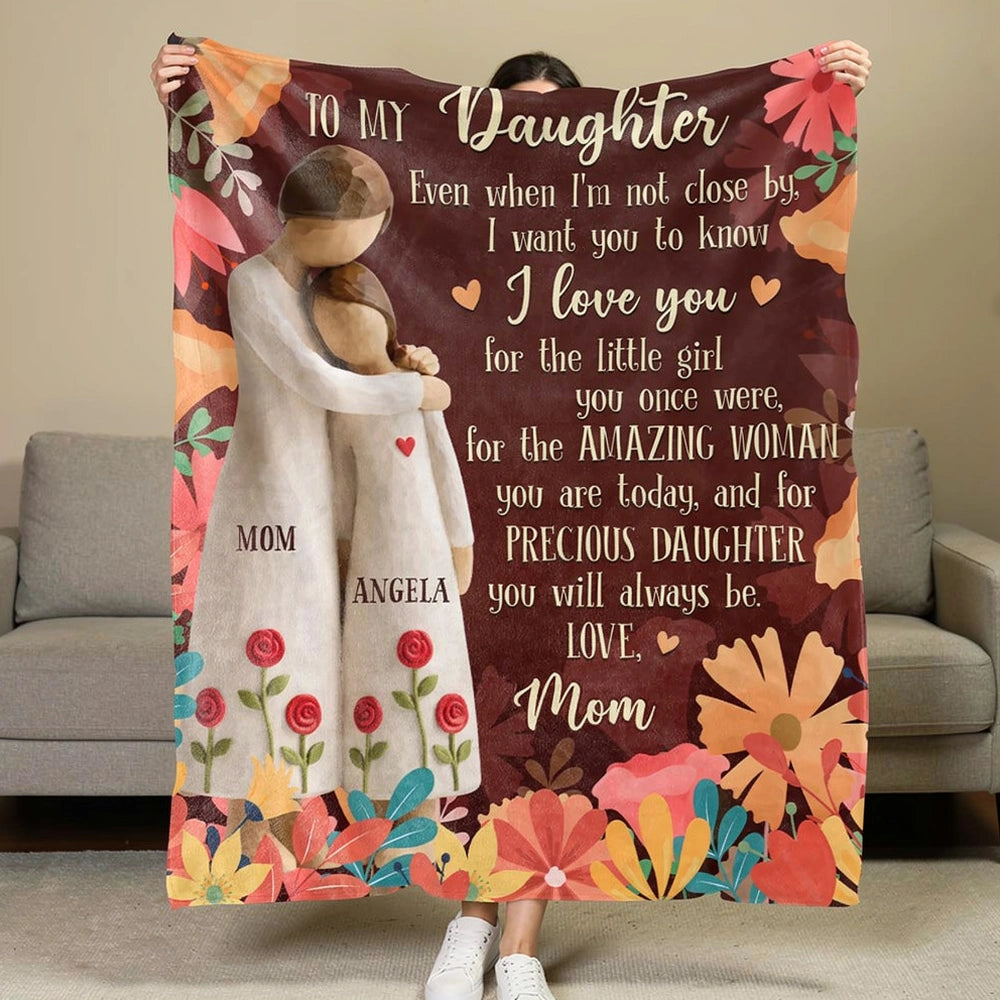 To My Daughter Message Fleece Blanket, Warm Floral Hug Design, Heartwarming Personalized Unique Gift from Mom