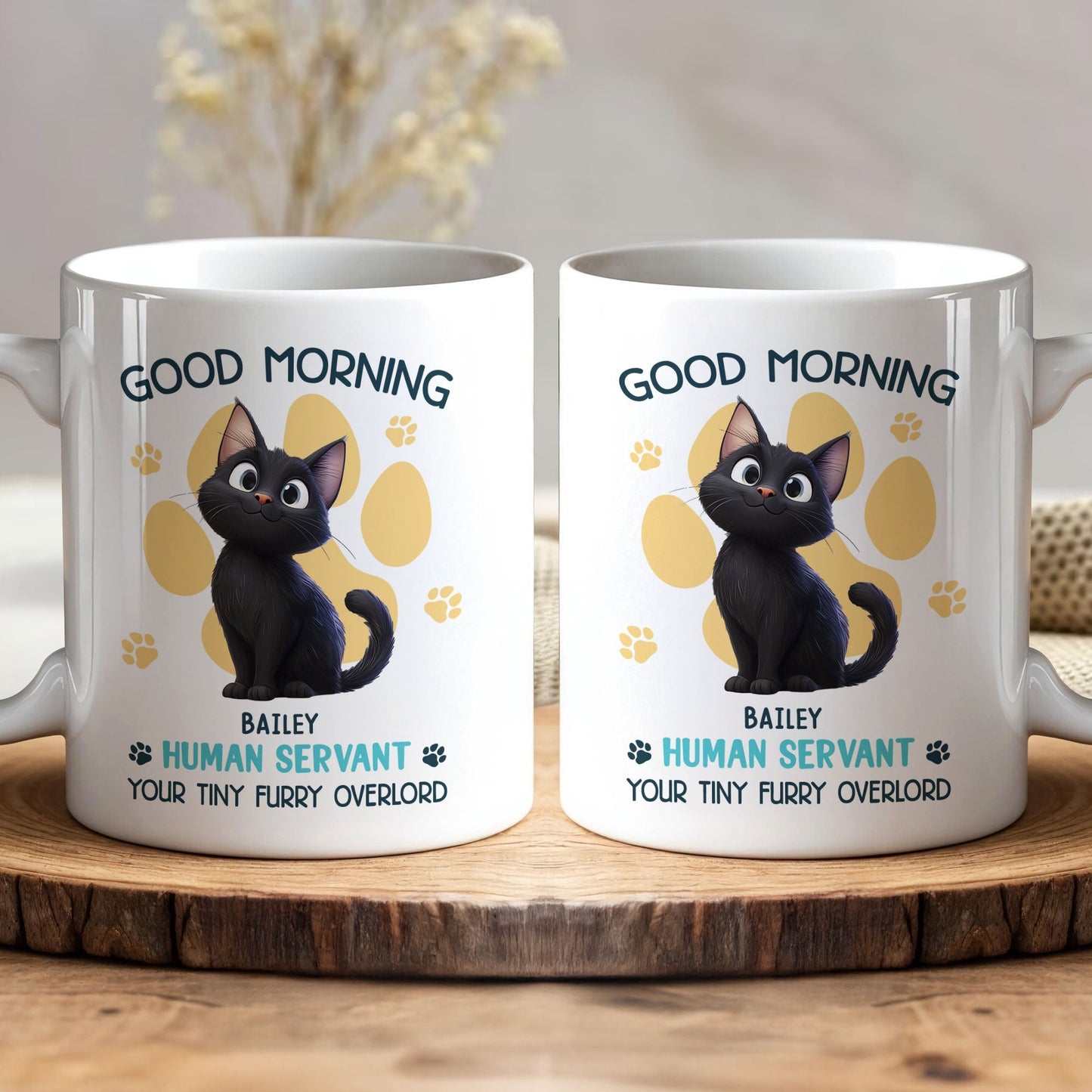 Say Hello to Your Tiny Furry Overlord – Customizable Good Morning Mug for Cat Lovers, Featuring Your Cat’s Name, Great Gift for Cat Owners, Available in White Ceramic Mug or Two-Tone Mug