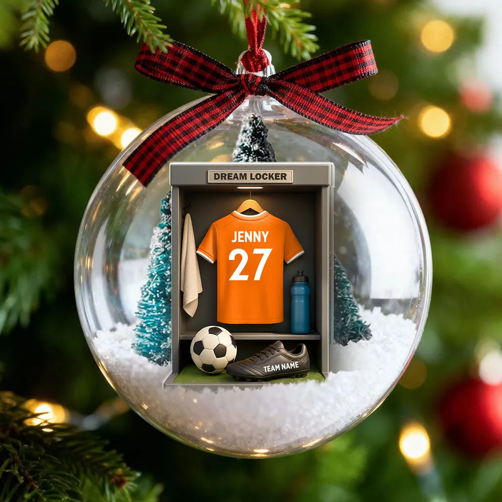 Christmas Snow Globe Ornament - Soccer Locker Mini Scene, Clear Acrylic, Personalized - Unique Gift for Son, Grandson, Boyfriend
