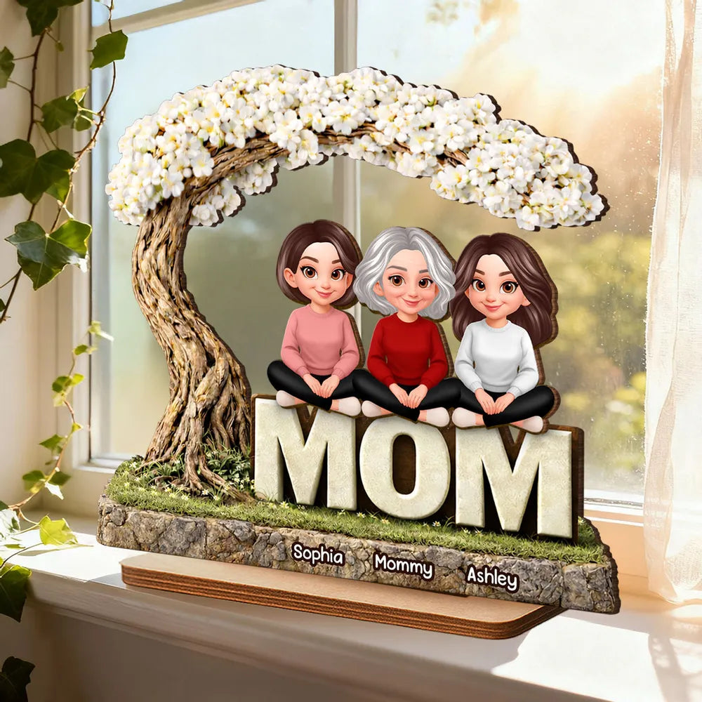 2-Layer Wooden Plaque Personalized Family Scene Under a Flowering Tree, Warm Home Display, Heartfelt Gift for Mom