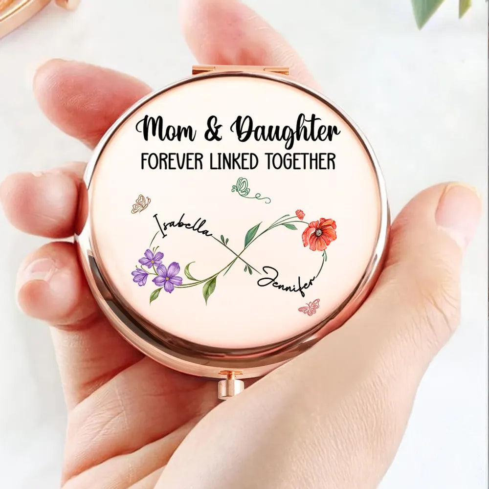 Personalized Metal Compact Mirror Mom & Daughter Forever Linked Together Floral Design - Unique Gift for Mom