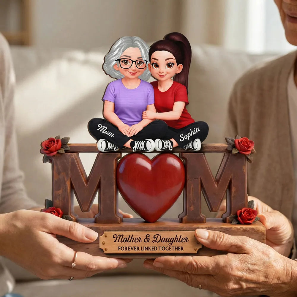Personalized 2-Layer Wooden Plaque Mother & Daughter Forever Linked Together, MOM Heart Roses, Unique Gift for Mom