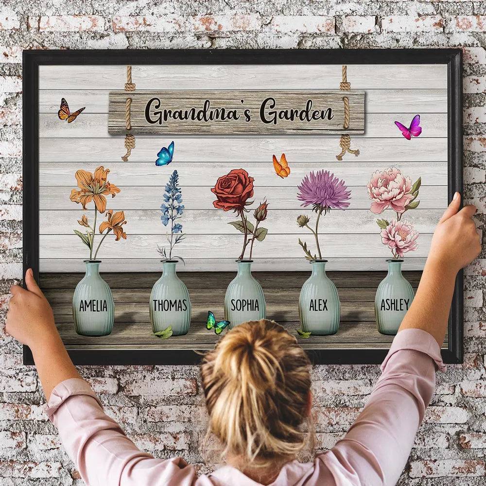 Grandma‘s Garden Birth Month Flowers Pots Personalized Horizontal Poster, Mother's Day Gift For Grandma, Mom, Auntie