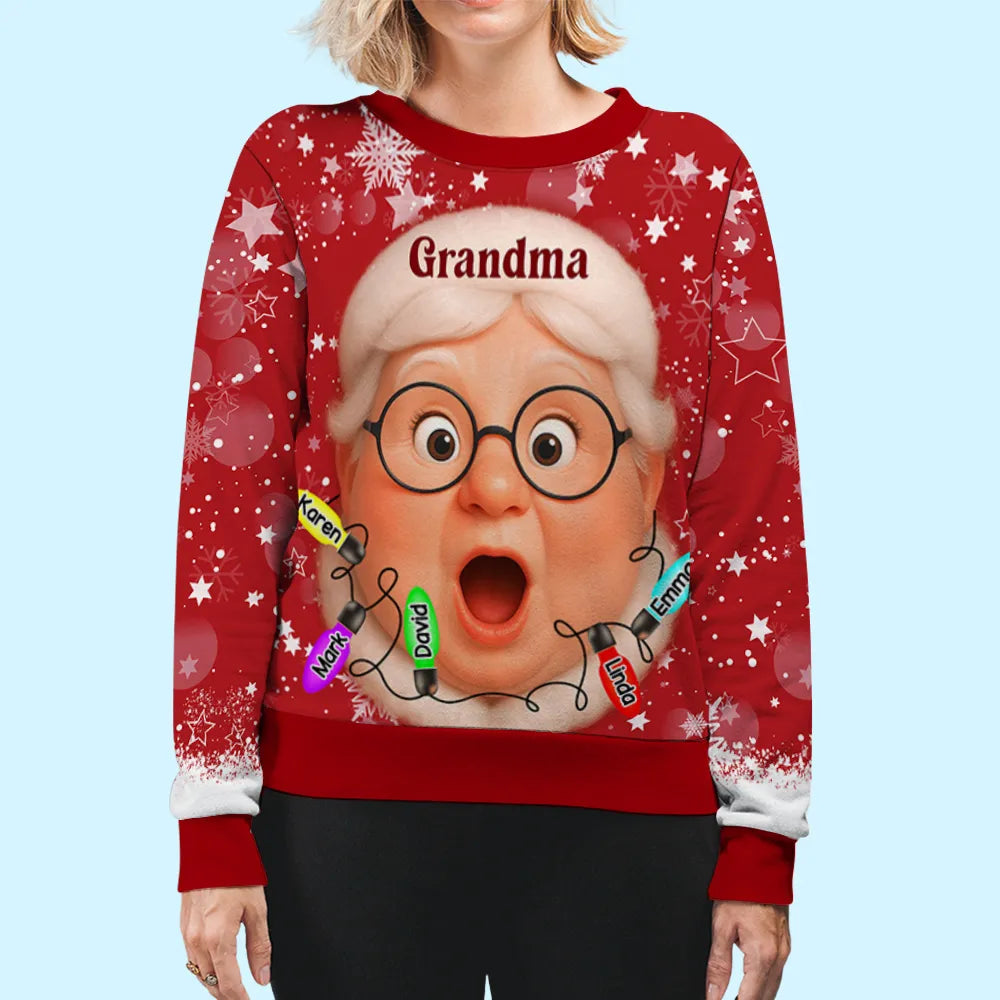 Custom Grandma Printed Sweatshirt with Cartoon Face & Holiday Lights, Festive Family Christmas Gift Idea