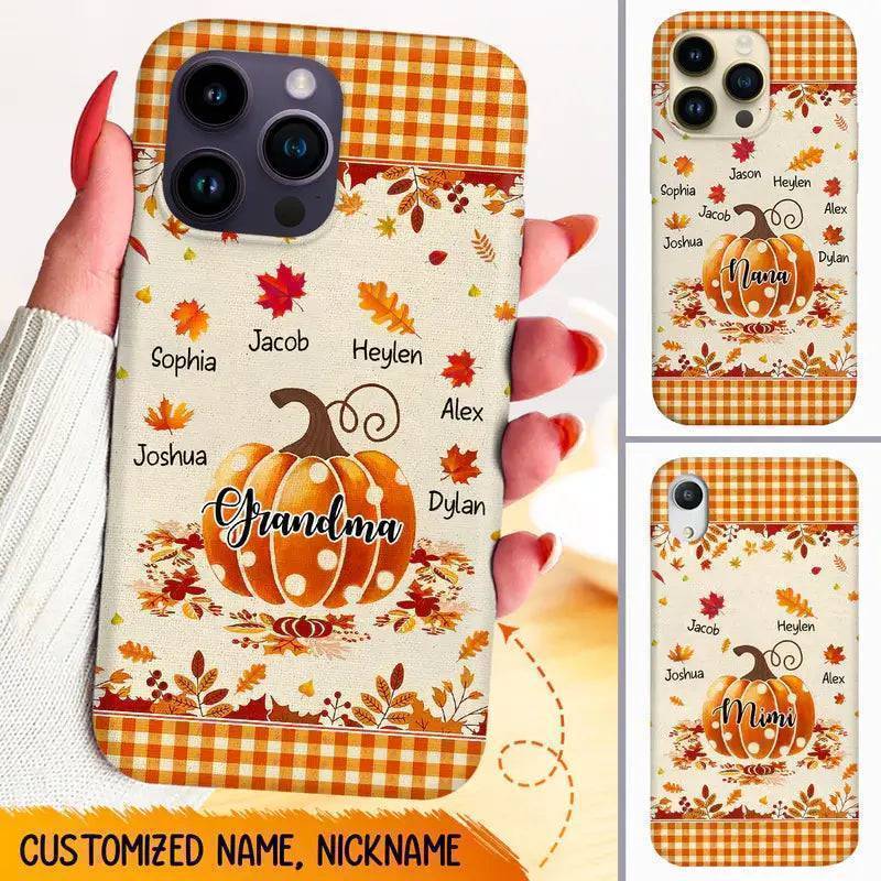 Personalized Fall Pumpkin Case for Grandma | Custom Phone Case with Kids' Names | Festive Autumn Gift for Mom