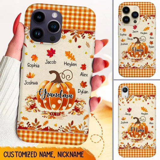 Personalized Fall Pumpkin Case for Grandma | Custom Phone Case with Kids' Names | Festive Autumn Gift for Mom