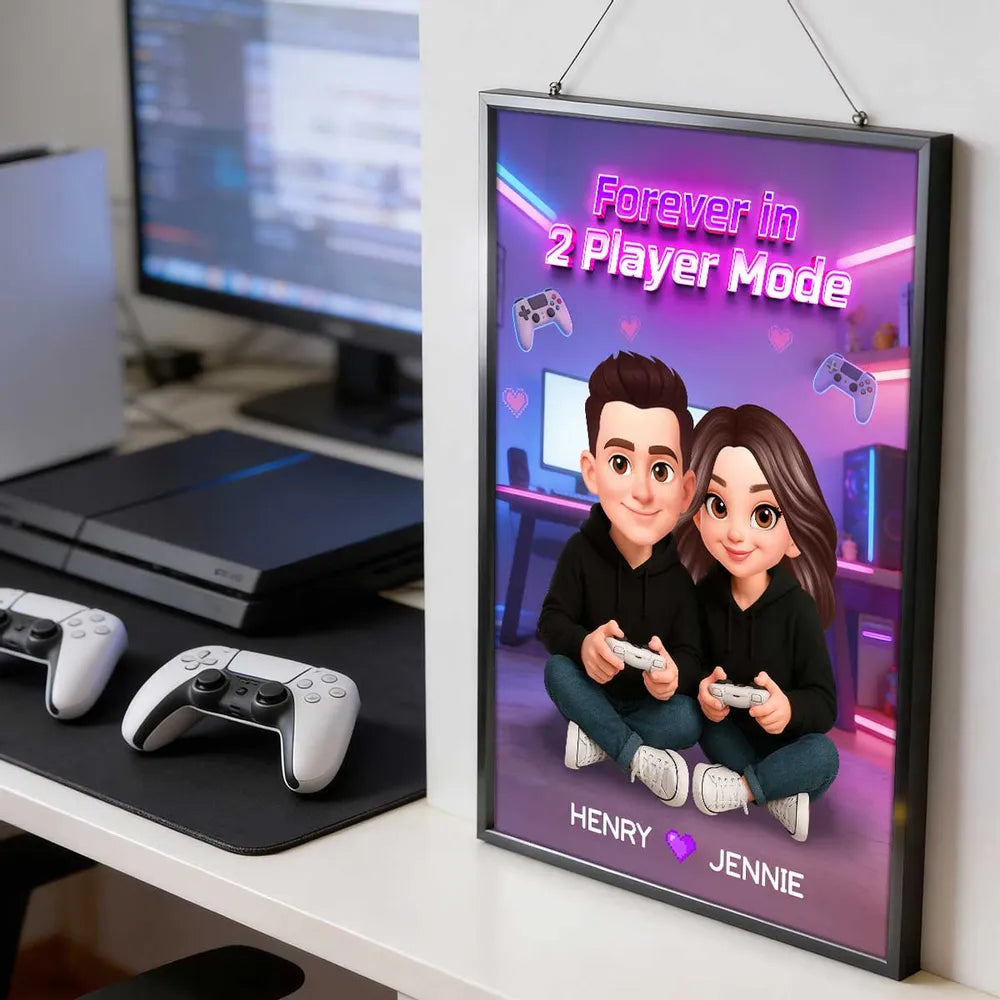 Personalized Gamer Couple Poster Forever in 2 Player Mode Neon Game Room Wall Art Unique Gift for Him or Her