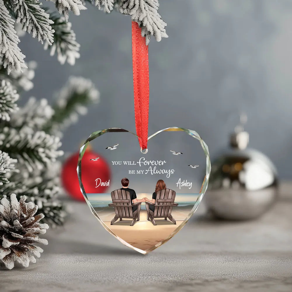 Crystal Heart Ornament with Couple Beach Back View, A Romantic Gift for Loved Ones