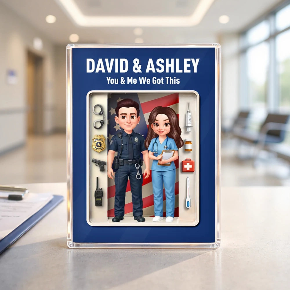 Rectangle Acrylic Block Plaque with Police & Nurse Couple and US Flag, Personalized Keepsake Gift for Him & Her