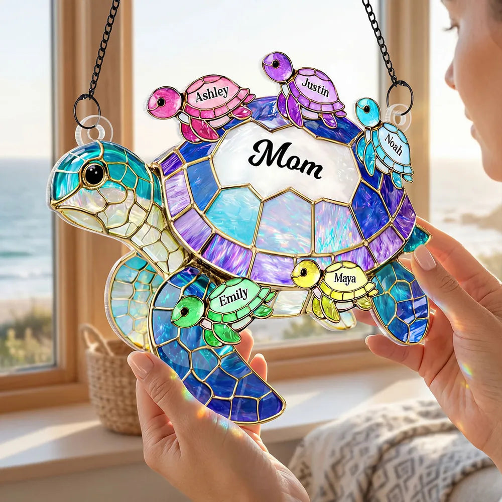 Personalized Sea Turtle Grandma Acrylic Suncatcher Ornament, Colorful Sunlight Reflection Window Decor, Unique Gift for Grandma