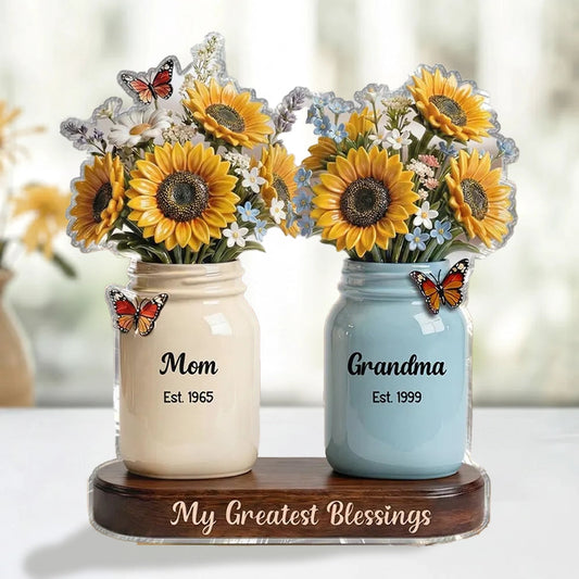 Personalized Shaped Acrylic Block Plaque with Sunflower Mason Jars, 'My Greatest Blessings' Unique Gift for Mom & Grandma