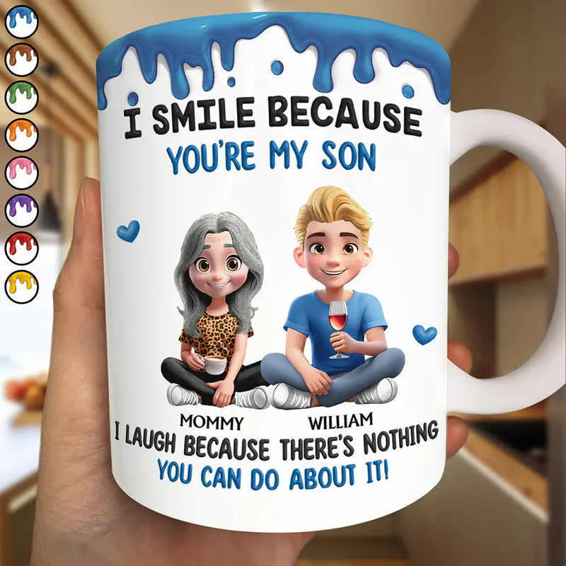 Personalized Ceramic Mug with Funny Mom and Son Quote, Cute Cartoon Sitting Design, Unique Gift for Mom or Son
