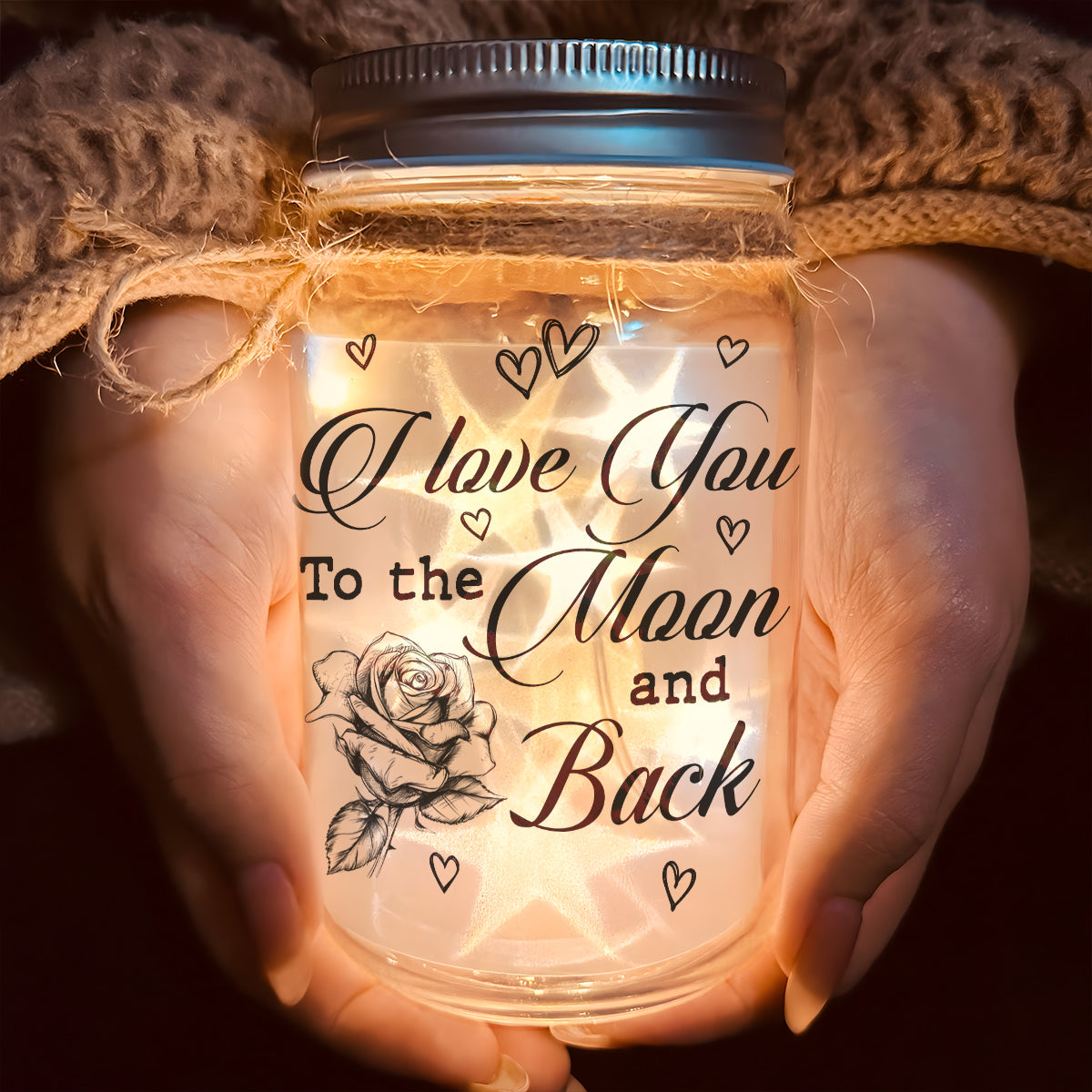 Personalized Glass Mason Jar Light with Moon Couple Design – Romantic I Love You To The Moon And Back Unique Gift