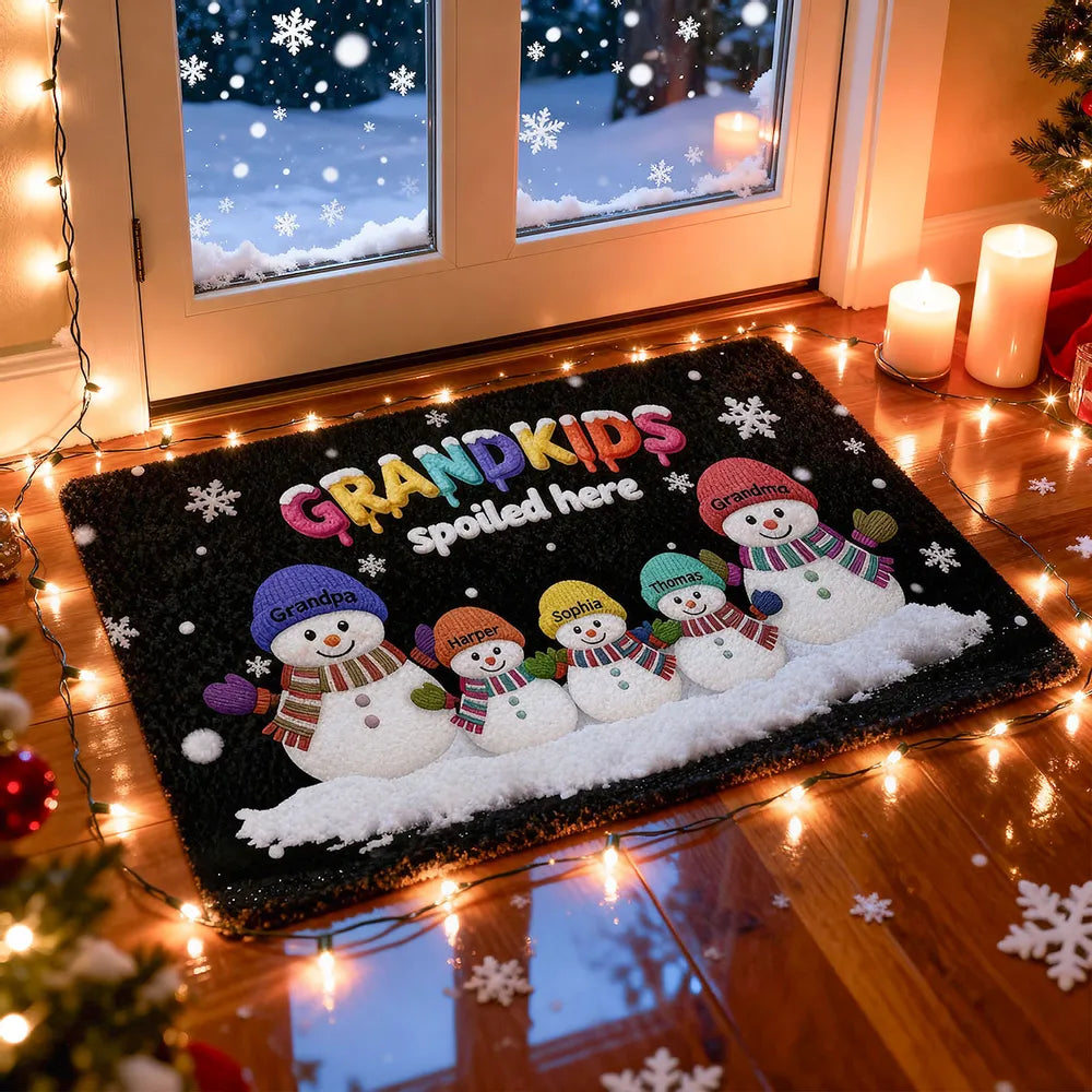 Doormat Personalized Snowman Family for Entryway, Grandkids Spoiled Here, cozy winter look, unique gift for Grandparents