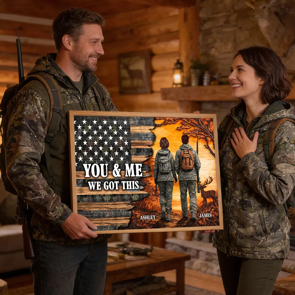 You & Me We Got This Personalized Poster for Hunters, Camouflage Couple Walking at Sunset Wall Decor, Unique Couple Gift