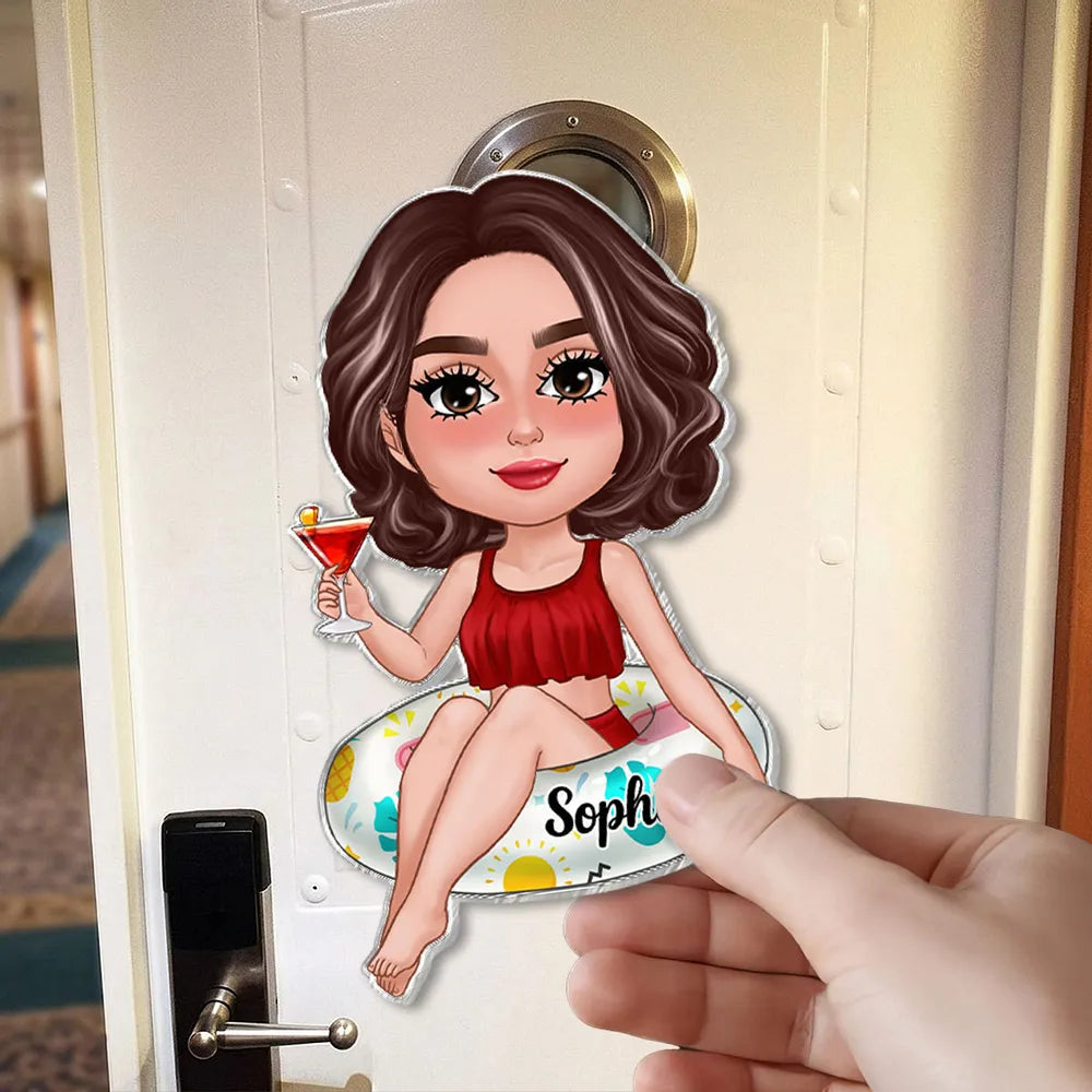 Personalized Cruise Door Acrylic Magnet, Cute Girl on Pool Float with Cocktail, Unique Girls Trip Cabin Gift