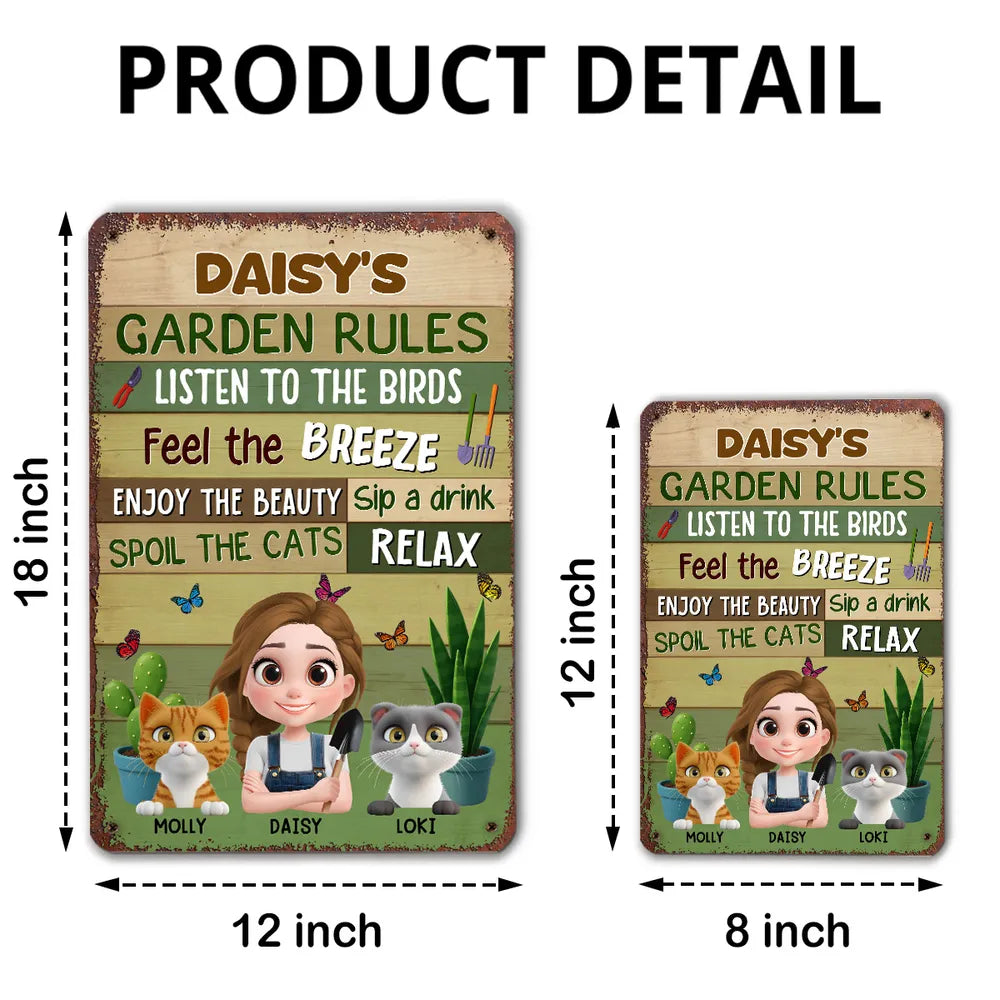 Garden Rules Metal Sign – Personalized Rectangular Iron Sign for Plant Lovers and Cat Moms