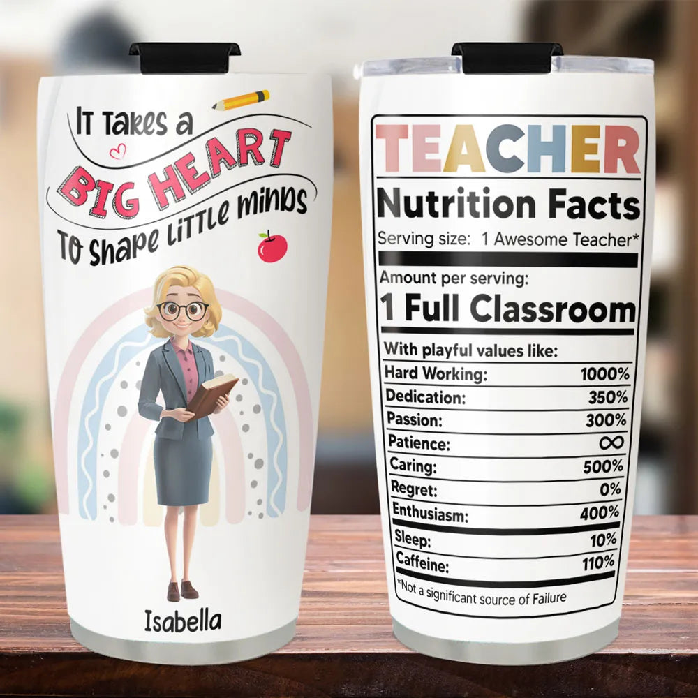 Insulated Travel Tumbler with Big Heart Design – "It Takes A Big Heart To Shape Little Minds" Teacher Gift