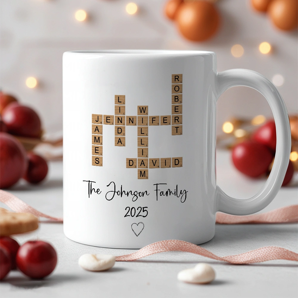 Personalized Family White Ceramic Mug with Wooden Tile Crossword Art - Unique Creative Gift for Home