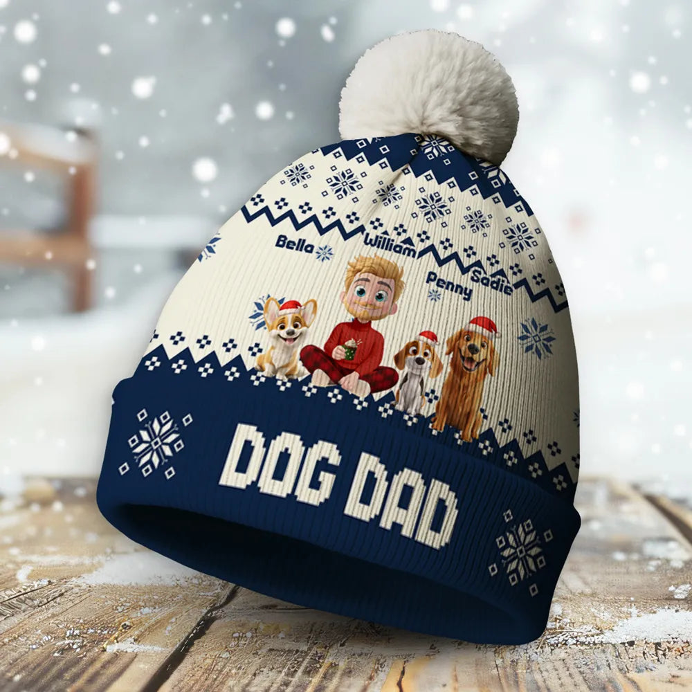 Personalized Bobble Beanie Hat for Dog Mom with Cartoon Woman & Pup – Cozy Christmas Style, Unique Gift for Pet Lovers