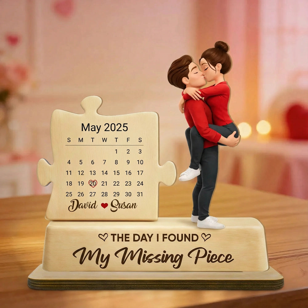 Personalized 2-Layer Wooden Plaque Couple Kissing with Calendar Puzzle - Unique Anniversary Gift for Him or Her