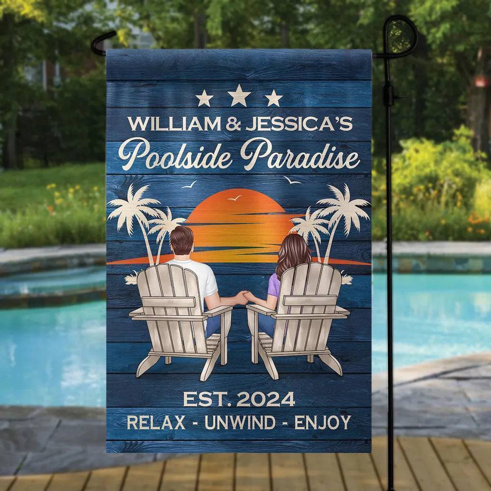 Relaxing Poolside Paradise Decor with Optional Flag Background Couple Sitting Personalized Flag, Sign, Vase - Perfect for Garden, Housewarming, Birthday, Anniversary Gift for Him, Her