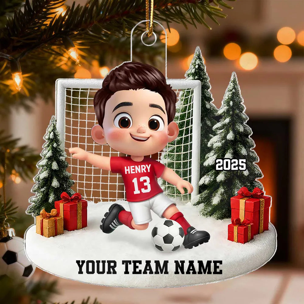 Soccer Kid Acrylic Ornament - Festive Winter Goal Scene, Customizable, Unique Christmas Gift for Young Players & Parents