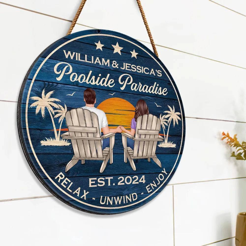 Relaxing Poolside Paradise Decor with Optional Flag Background Couple Sitting Personalized Sign, Flag, Vase - Perfect for Garden, Housewarming, Birthday, Anniversary Gift for Him, Her