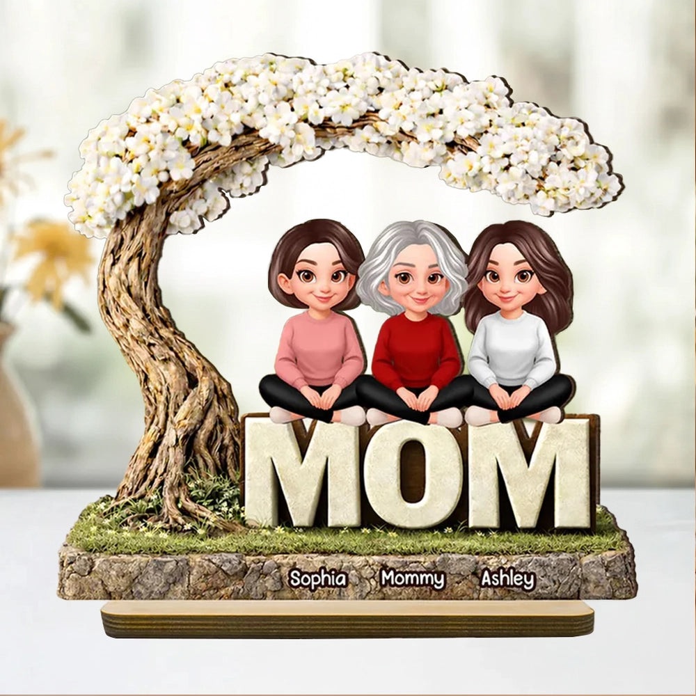 2-Layer Wooden Plaque Personalized Family Scene Under a Flowering Tree, Warm Home Display, Heartfelt Gift for Mom