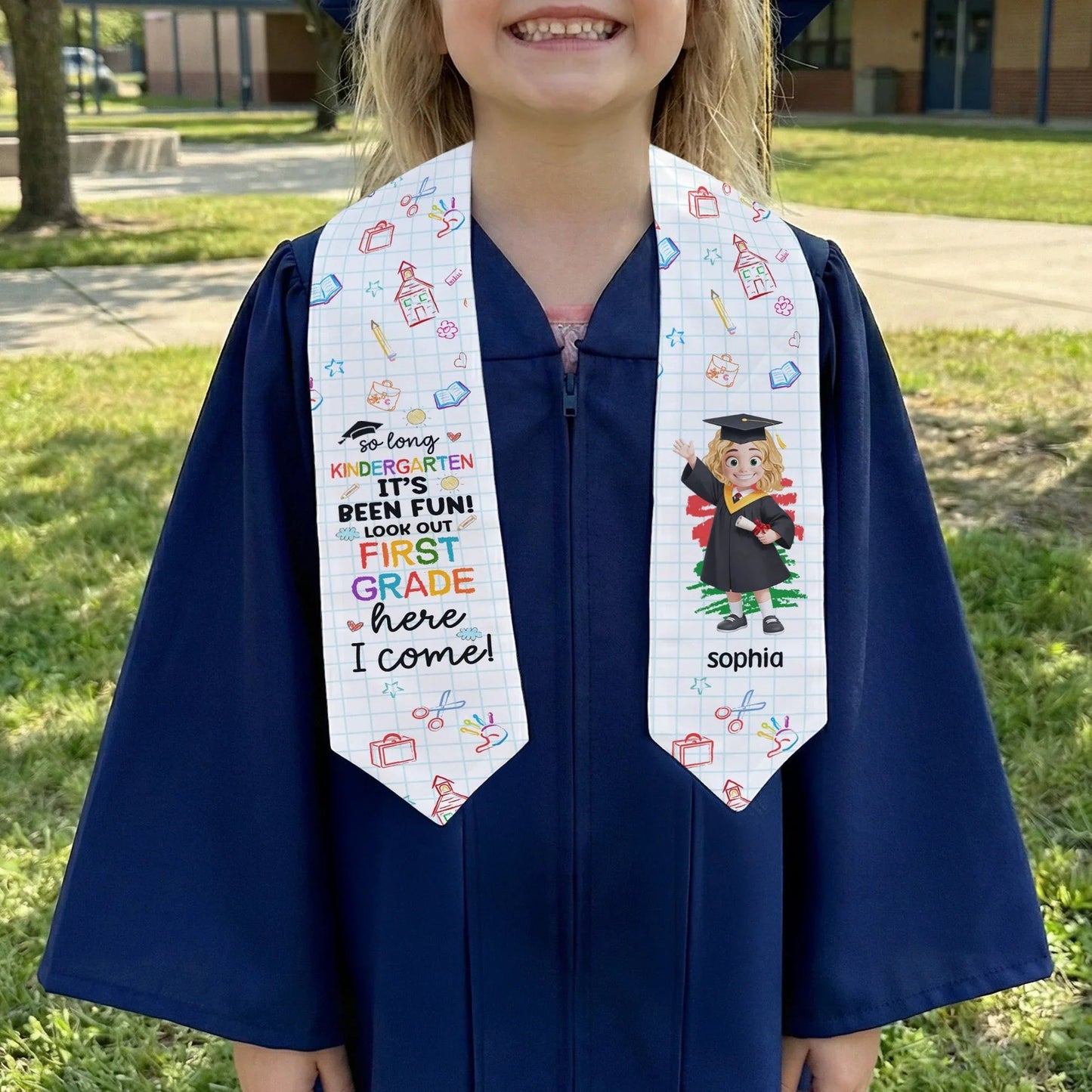 Personalized Preschool Graduation Polyester Satin Stole with Cute Cap Cartoon, Unique Gift for Pre-K to Kindergarten Memories