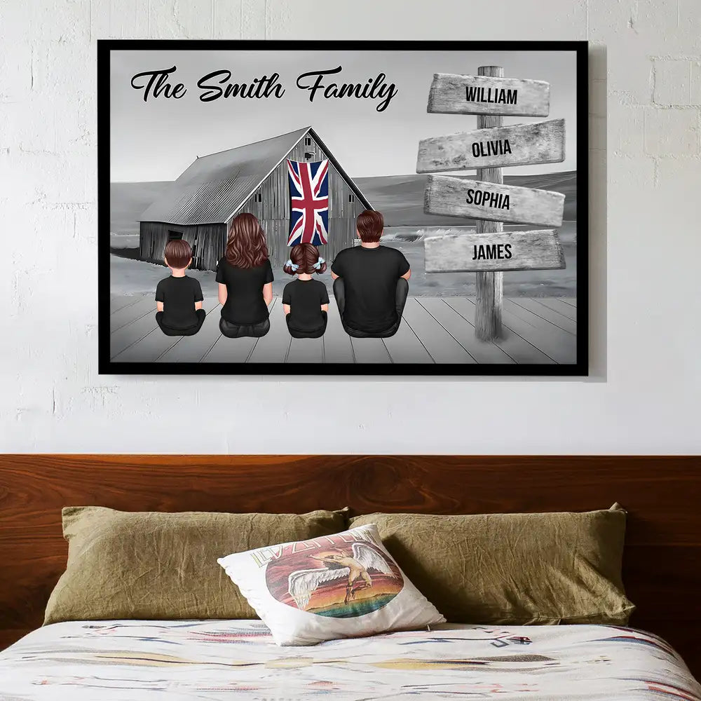 Names on Signpost Family Canvas – Sitting Together Poster with Barn Background – Gift For Family, Dad, Mom