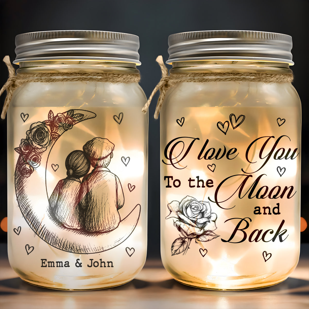 Personalized Glass Mason Jar Light with Moon Couple Design – Romantic I Love You To The Moon And Back Unique Gift