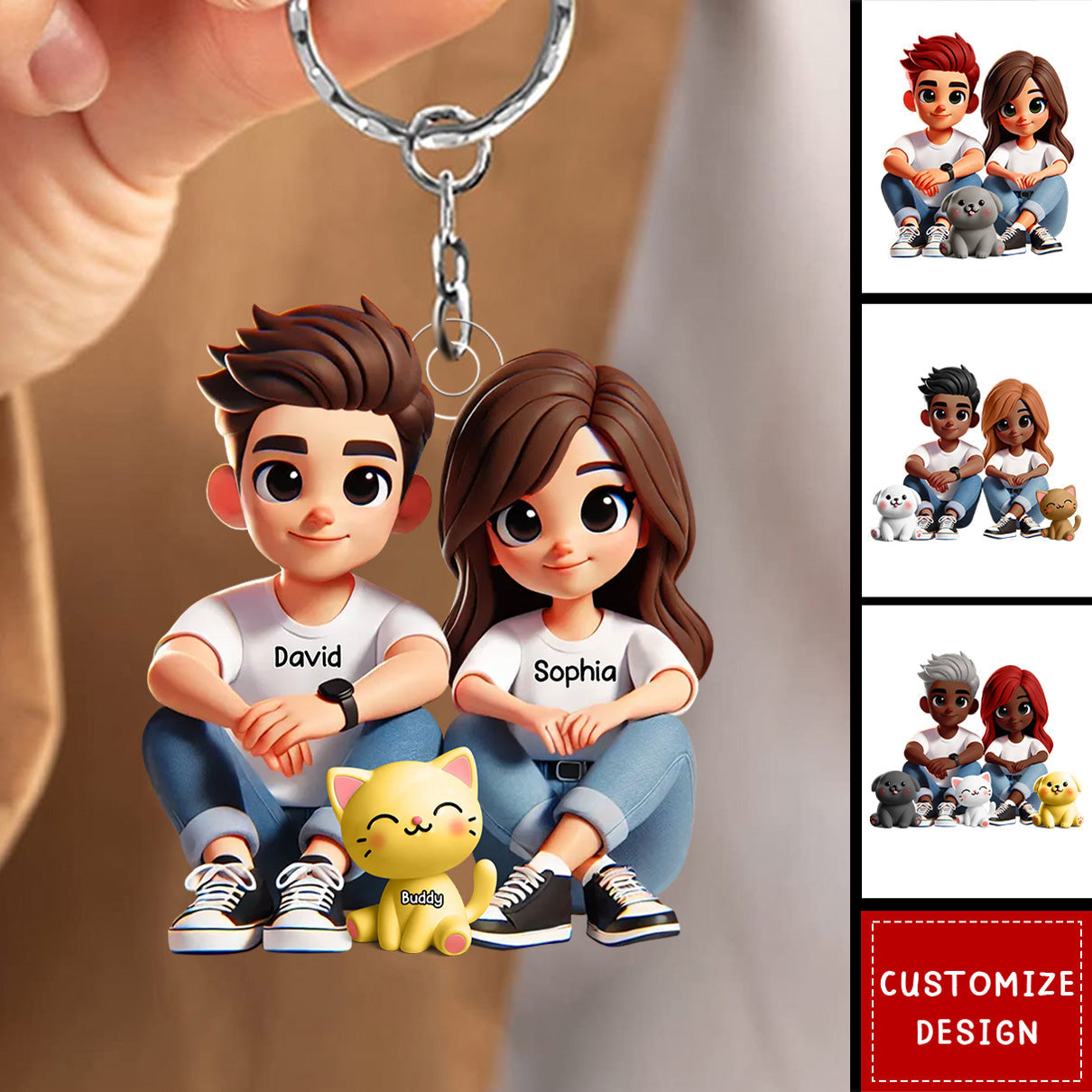 Personalized Acrylic Keychain – Cute Couple Cartoon Keychain with Names and Pet, Perfect Gift for Couples, Custom Love Keepsake for Family and Relationship Celebrations
