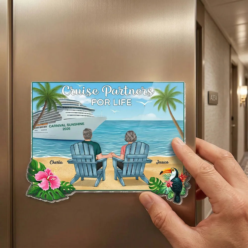 Acrylic Magnet Personalized Cruise Beach Scene - Back View Couple in Adirondack Chairs, Sweet Romantic Gift for Couples