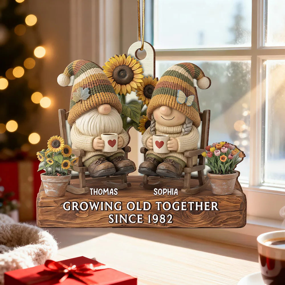 Wooden Ornament Personalized for a Couple, Cute Gnome Rocking Chairs with Sunflowers, Heartwarming Holiday Gift & Decor