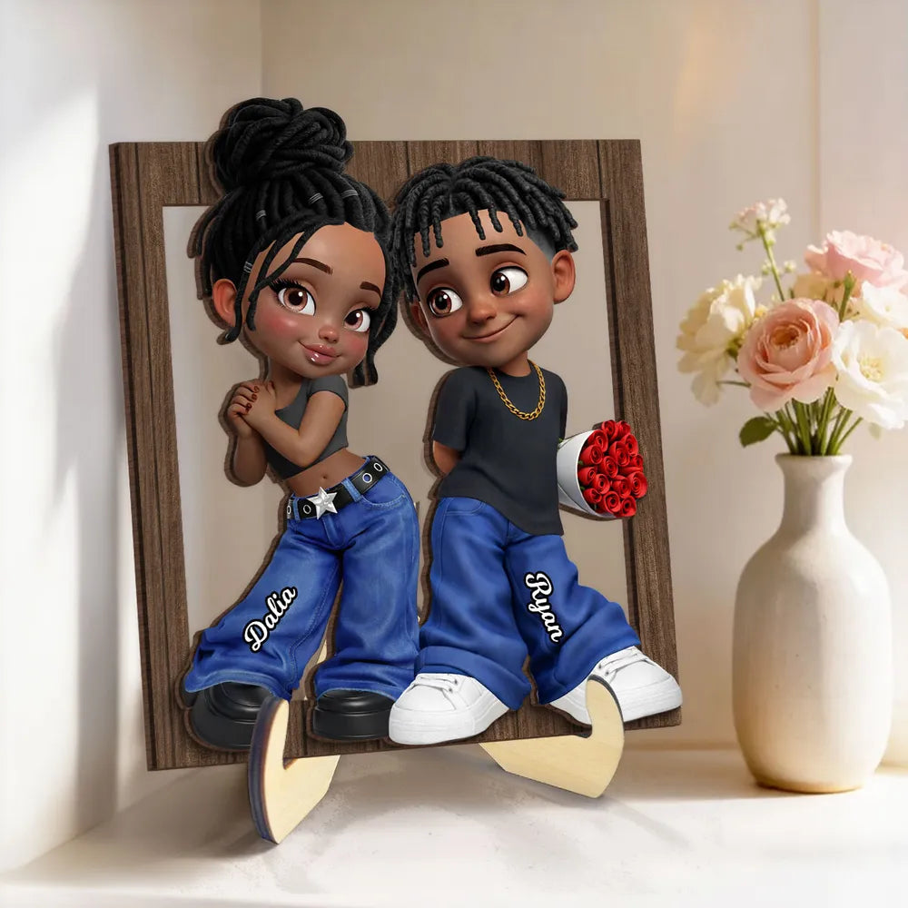 Personalized 2-Layer Wooden Plaque Y2K Cartoon Couple Holding Roses Unique Gift For Him Or Her