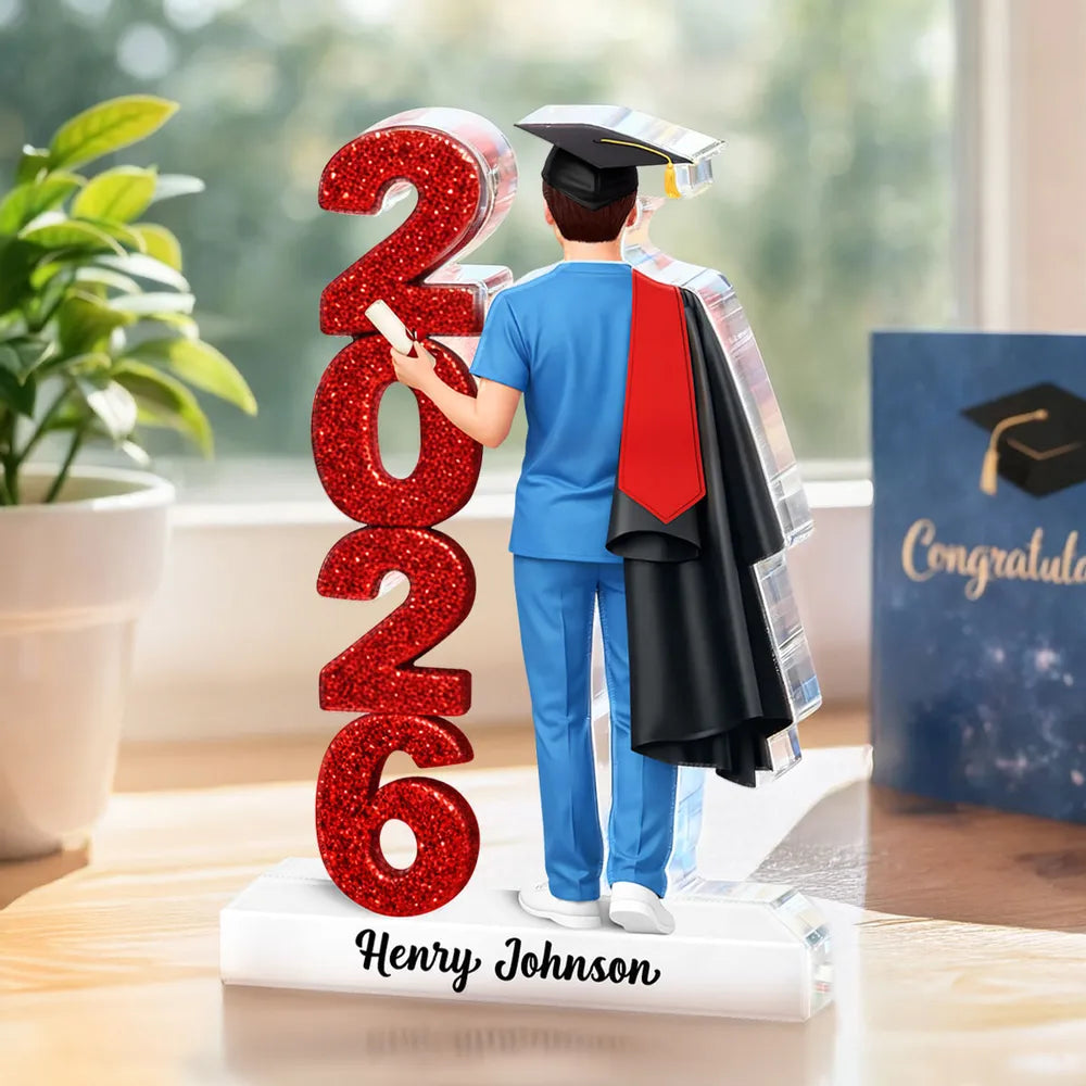 Personalized Shaped Acrylic Block Plaque Class Graduation Keepsake, Nurse Grad in Cap Holding Diploma, Unique Gift