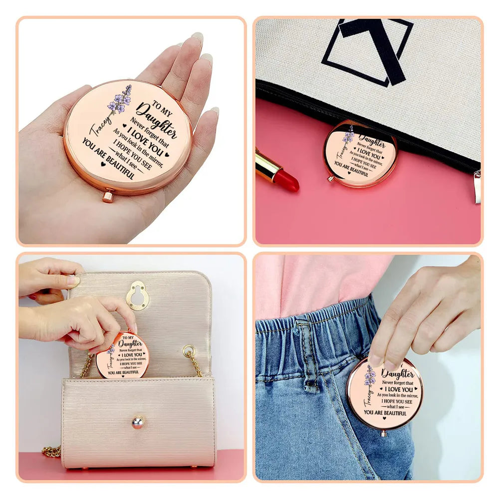 Personalized Daughter Message Metal Compact Mirror Floral Quote Pocket Keepsake Unique Gift for Daughter