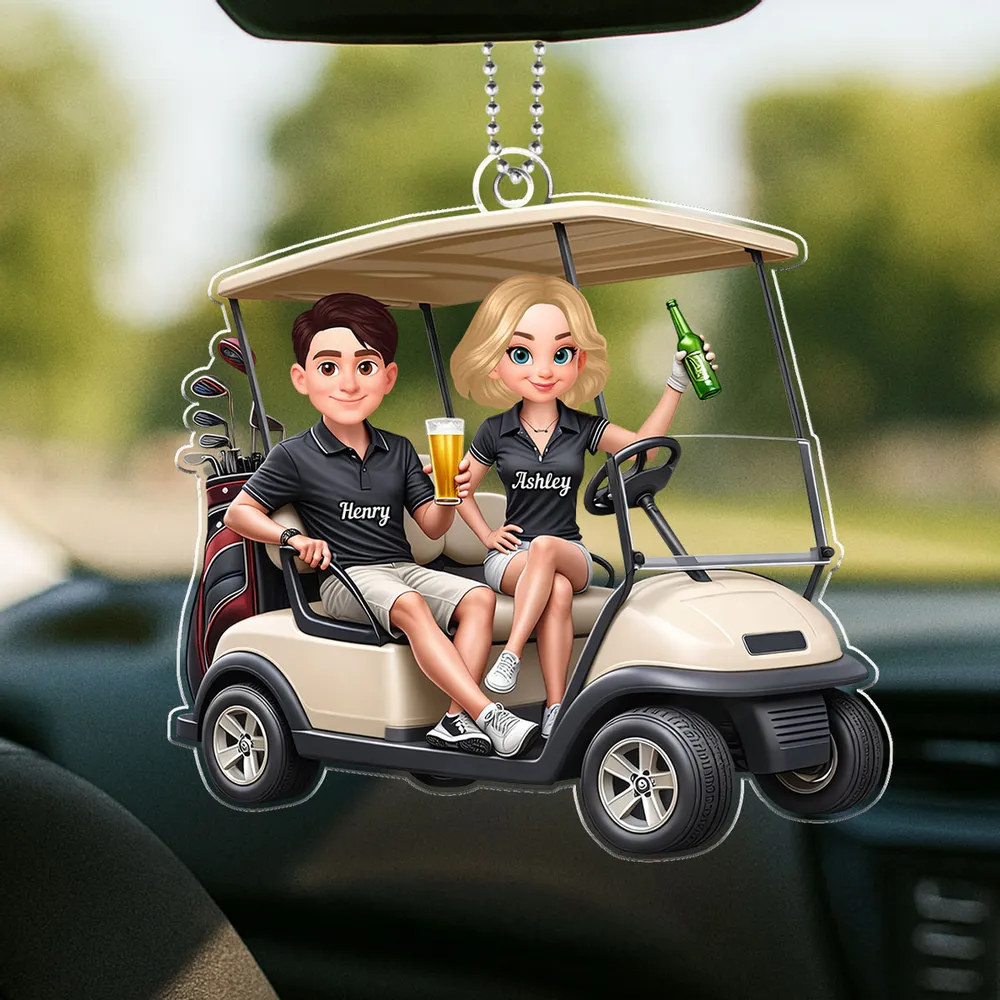 Personalized Acrylic Car Hanger Funny Golf Cart Couple Mirror Decor - Unique Gift for Couples