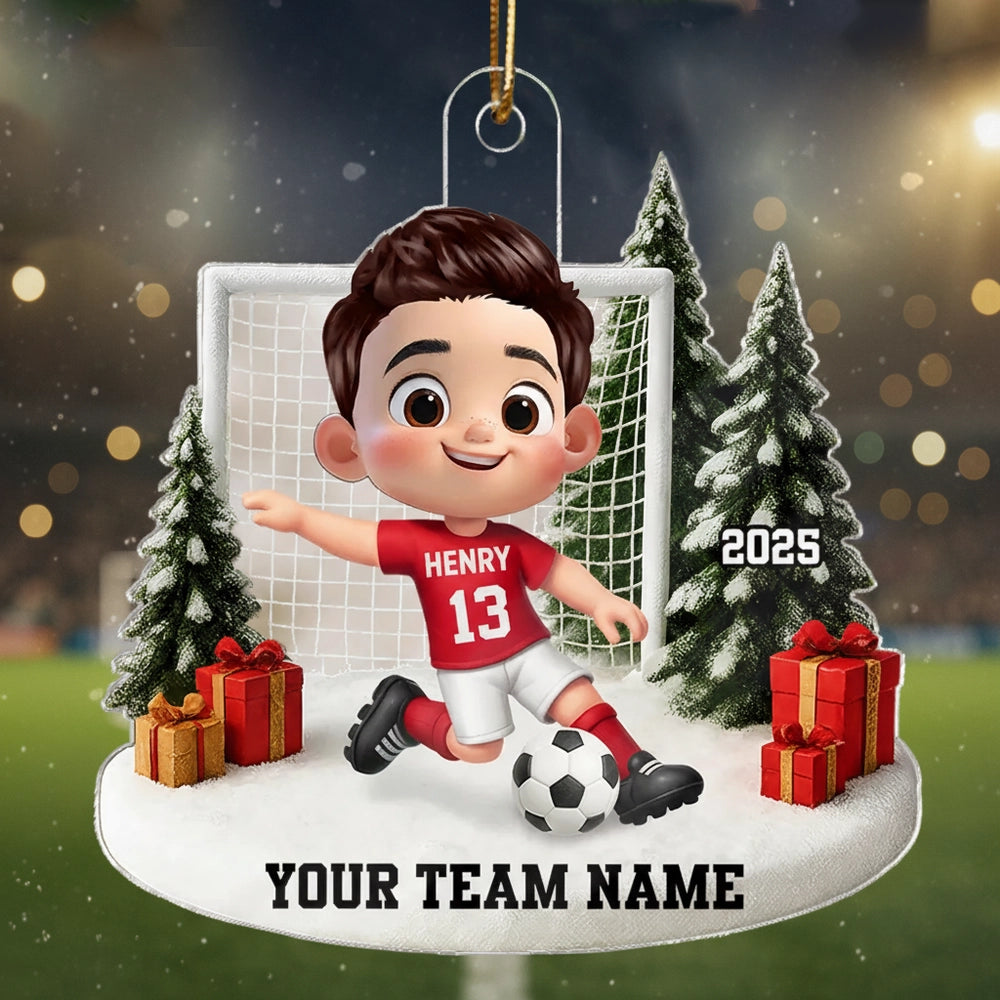 Soccer Kid Acrylic Ornament - Festive Winter Goal Scene, Customizable, Unique Christmas Gift for Young Players & Parents