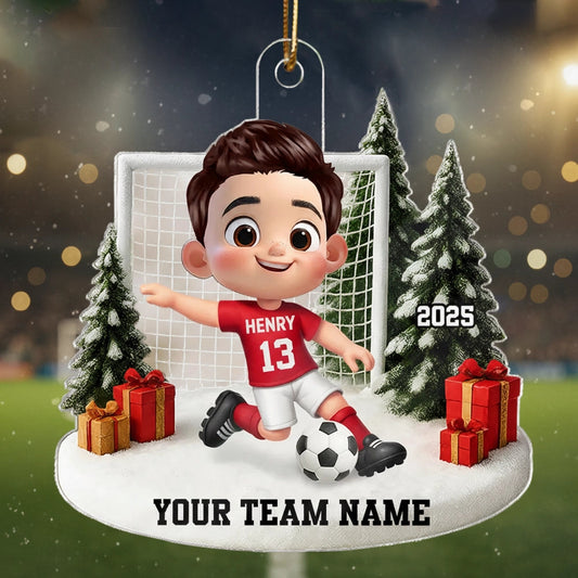 Soccer Kid Acrylic Ornament - Festive Winter Goal Scene, Customizable, Unique Christmas Gift for Young Players & Parents