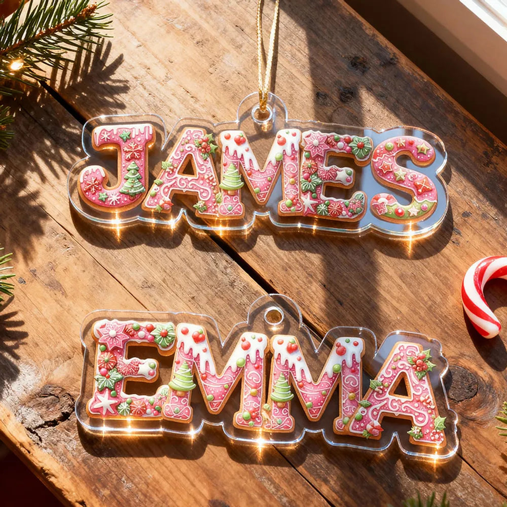 Custom Name Acrylic Ornament with Pink Gingerbread Letters – Festive Christmas Ornament & Creative Kids Gift
