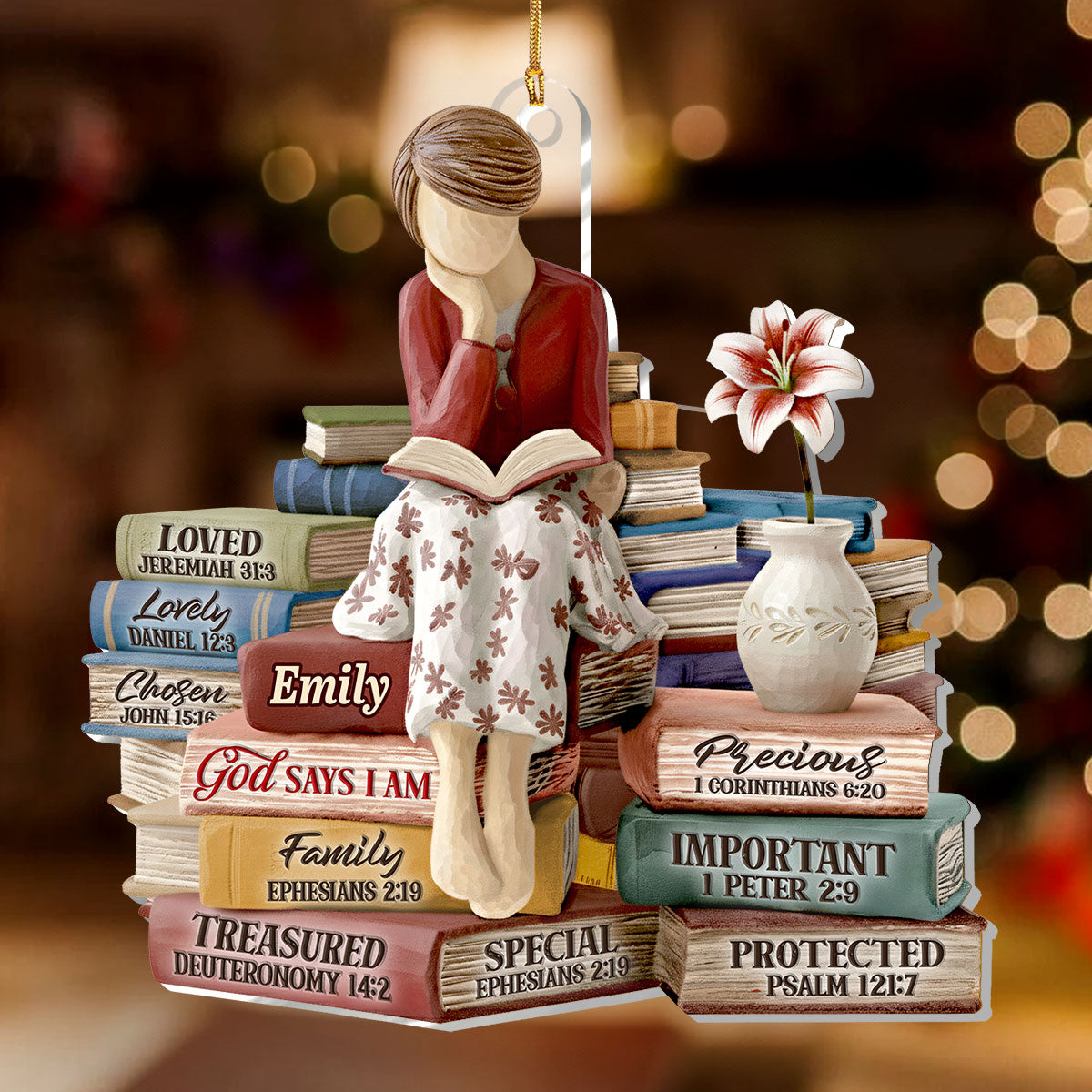 Personalized Acrylic Ornament with Reading Woman and Faith Books – Unique Christian Gift and Christmas Tree Decor