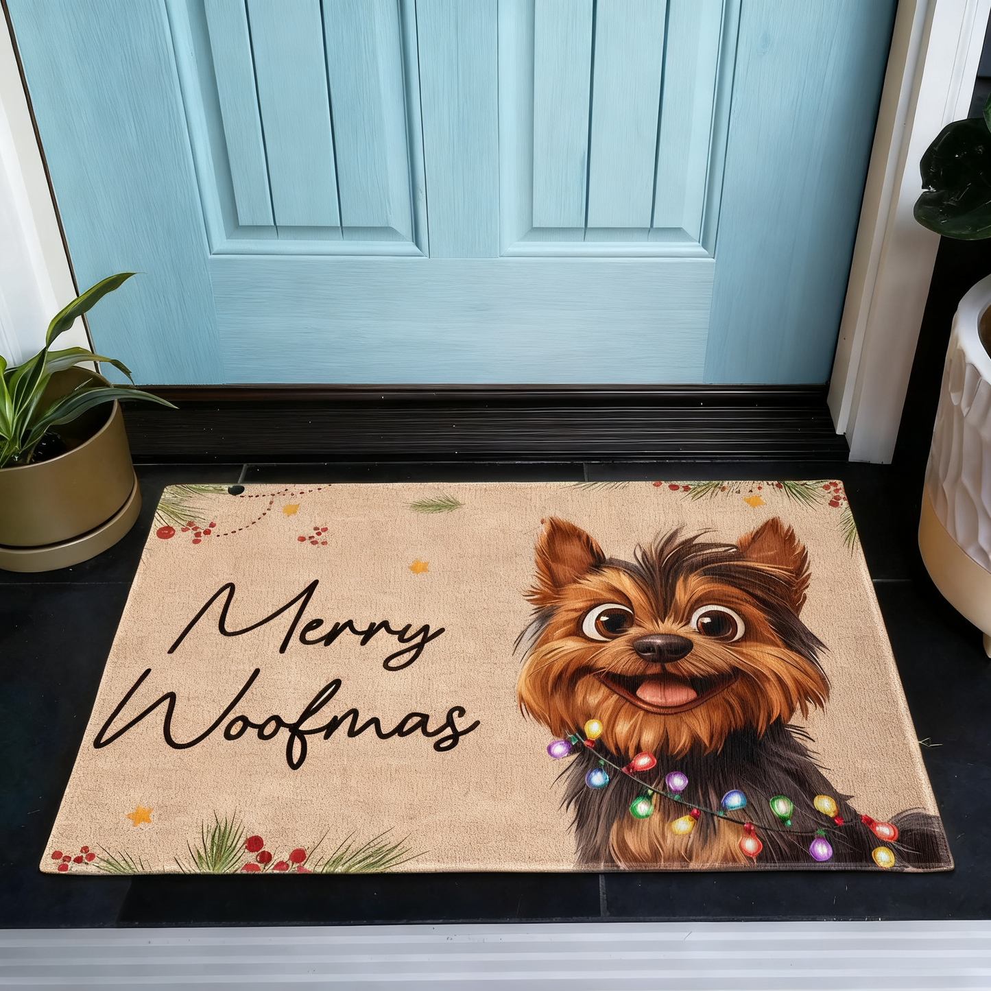 Yorkie Christmas Doormat | Cheerful Holiday Lights Design, Gift-Ready Mat for Pet Families