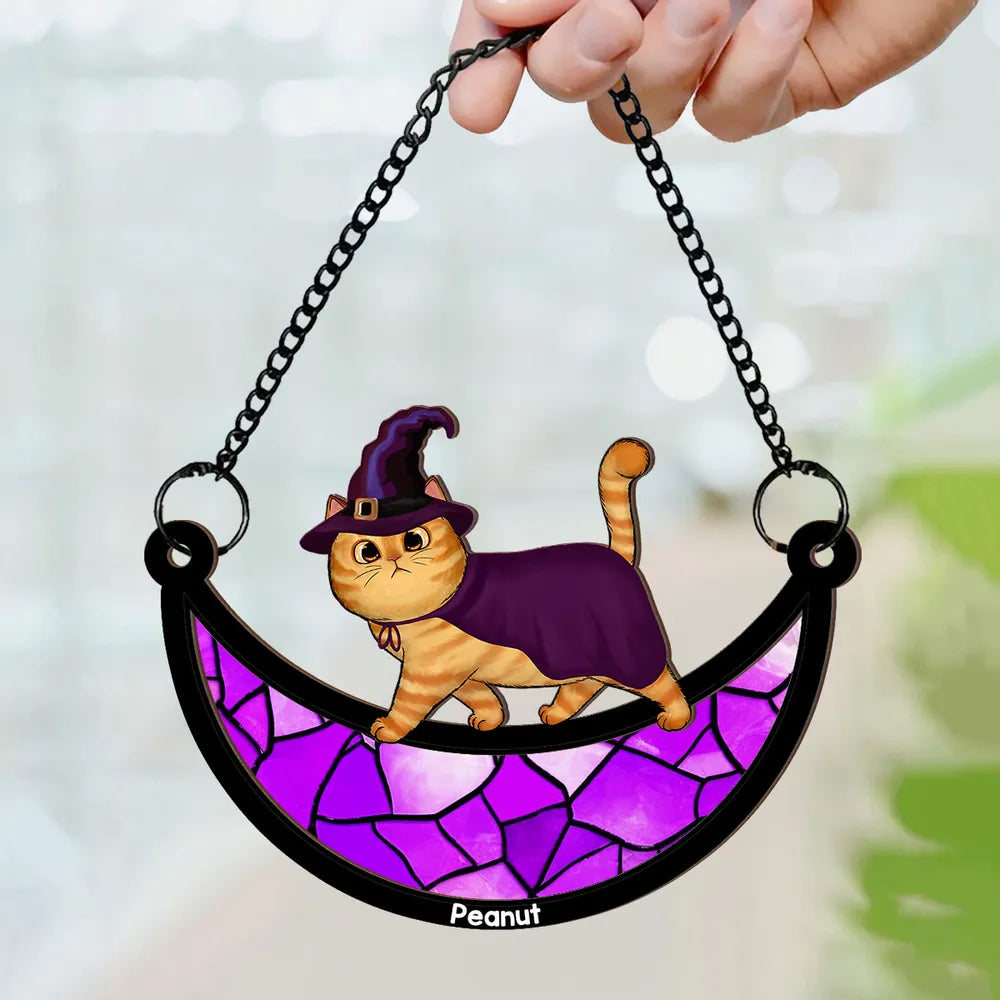 Wood and Acrylic Layered Ornament – Charming Cat with Cape & Hat, Chain-Hanging Moon Keepsake for Cat Lovers