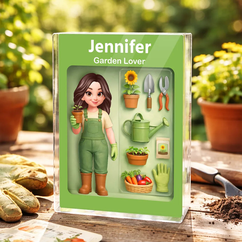 Personalized Rectangle Acrylic Block Plaque Garden Lover Desk Decor, Cute Cartoon Gardener With Tools, Unique Gift